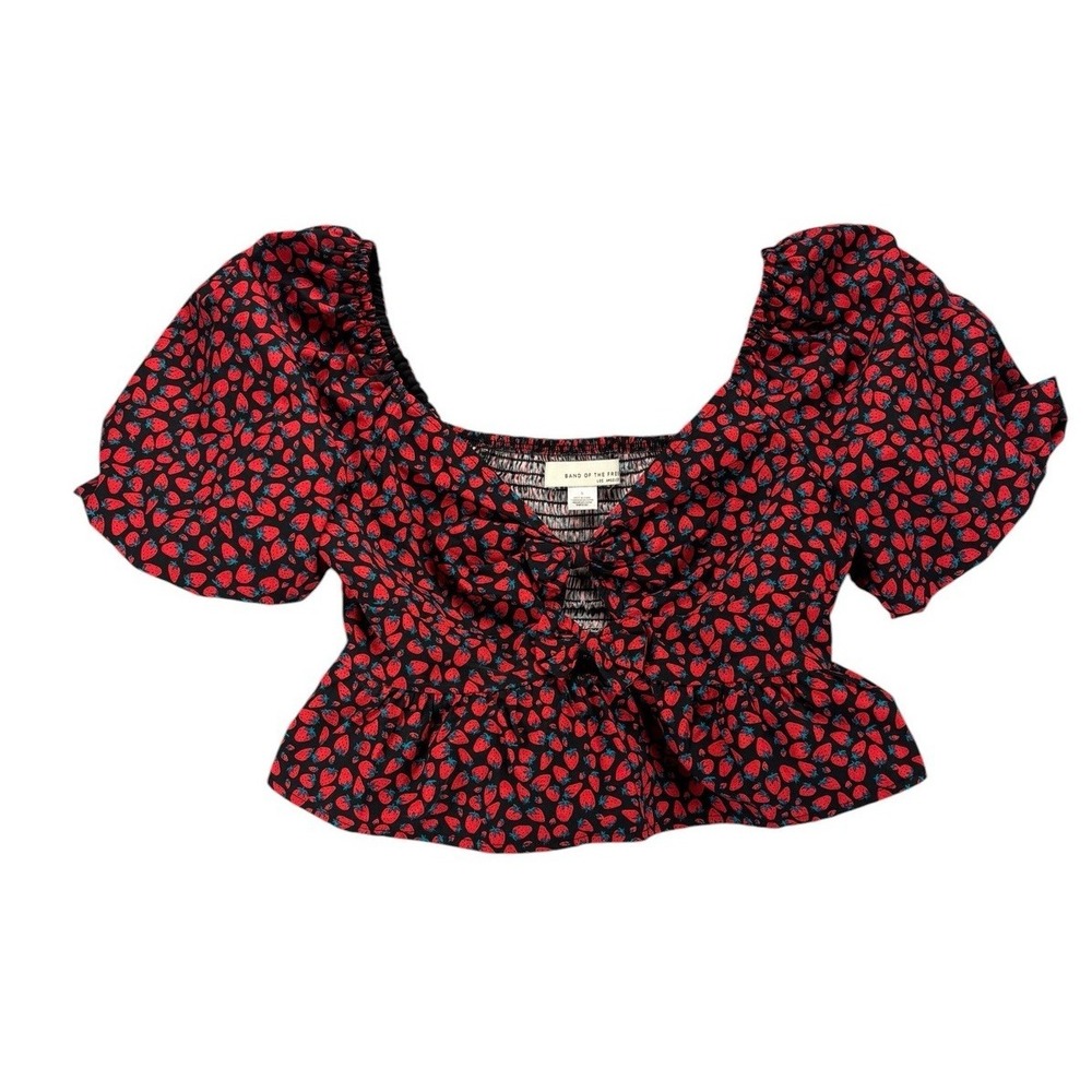 Band of the Free Strawberry Peplum Ruffle Top Women's S Puff Sleeve